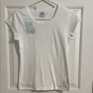 White Crazy Shirt Hawaii T-Shirt with Floral Embroidery. Ladies med - (runs sm)
